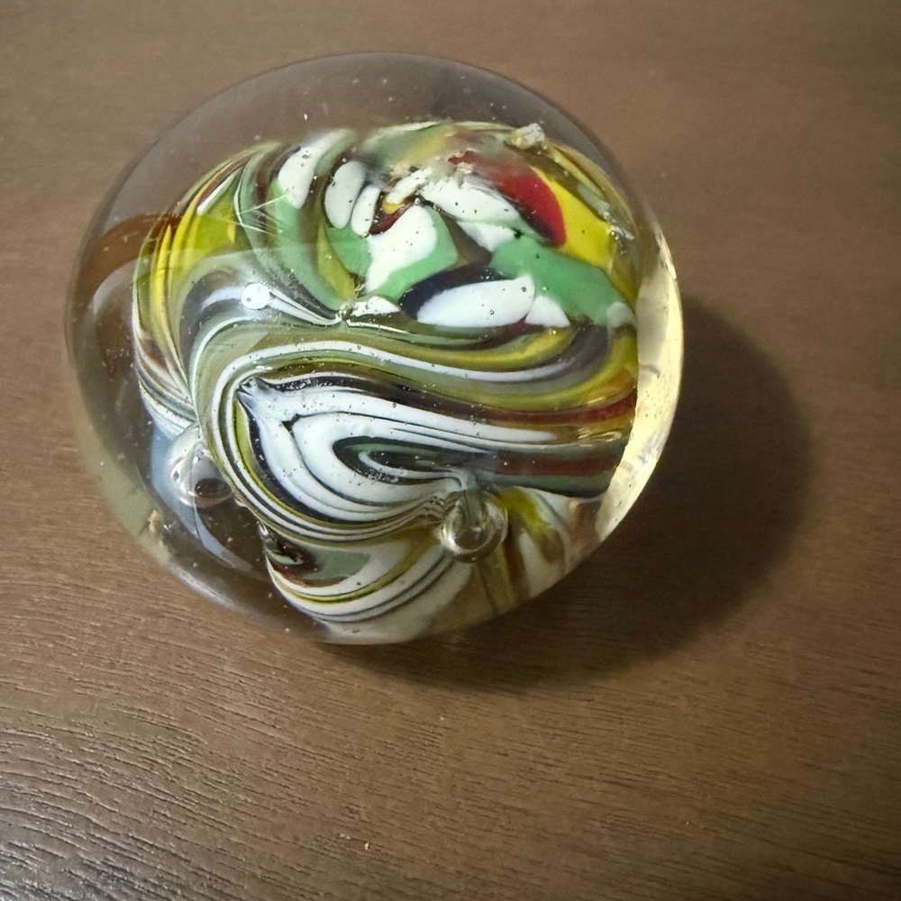Colorful mid century Swirl Glass Art uneven Sphere paperweight
